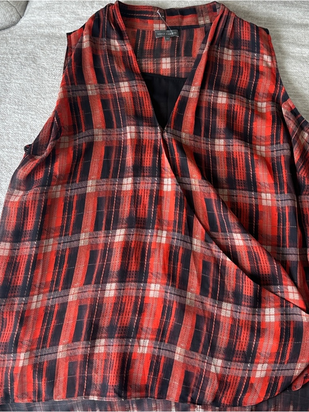 Vince Camuto Red, Black & Cream Plaid V-Neck Top